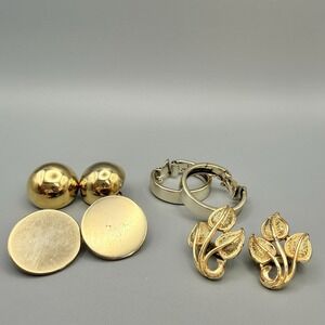 Vintage Clip On Earrings Lot Minimalist Gold Tone Signed Coro Pat Pend Leaf Hoop